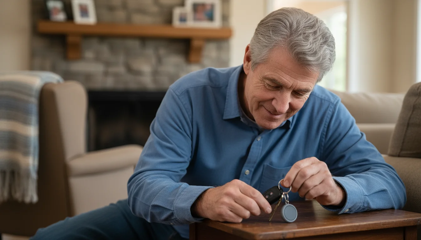 Senior man, mid-70s, smiling with relief, picking up keys with a small grey item tracker from a wooden table.