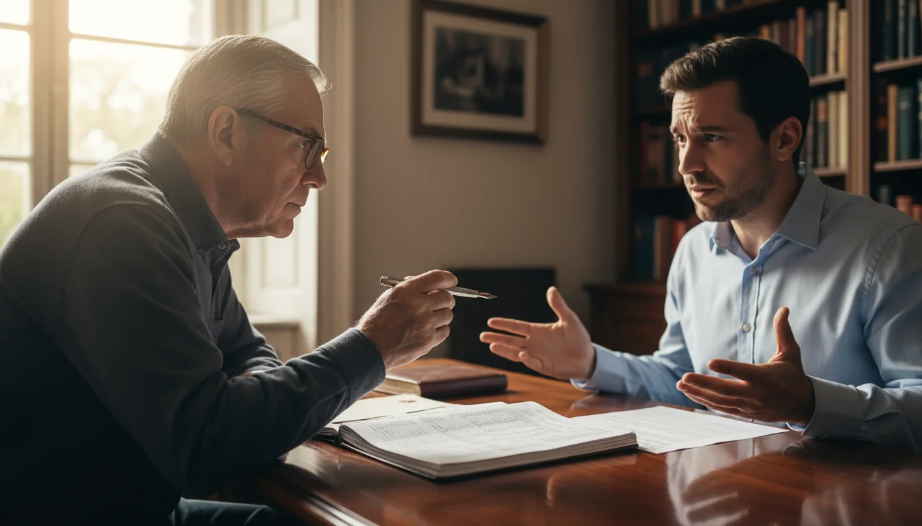 A senior man questions a younger financial promoter across an office table, pointing at complex documents. The promoter looks hesitant.