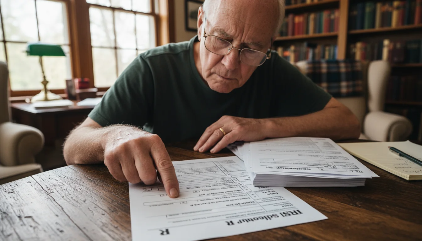 A senior man in reading glasses intently studies an IRS Schedule R form and instructions, his finger tracing a line.