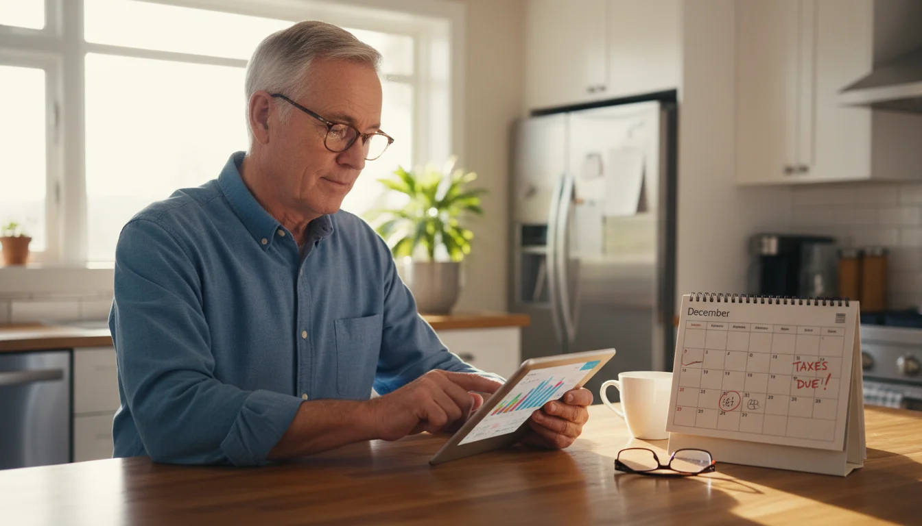 A senior man reviews financial information on a tablet at his kitchen island, with a calendar nearby.