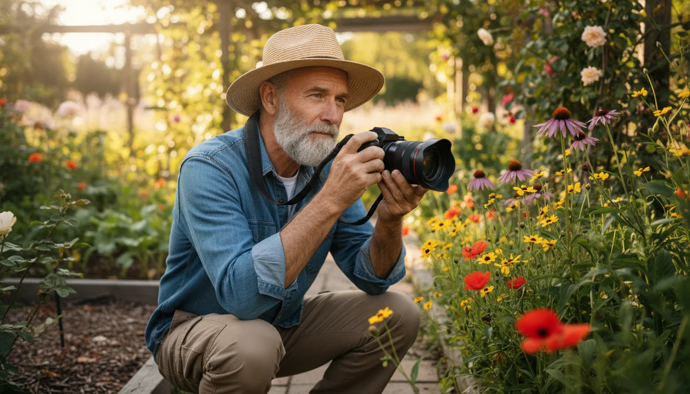 A senior man with a salt-and-pepper beard crouches in a garden, holding a mirrorless camera, focused on wildflowers.