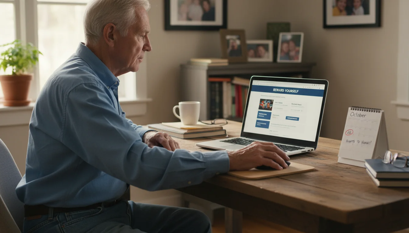 A senior man sits at a home office desk, looking intently at a laptop screen showing a rewards program. His hand is on the mouse, and a physical calen