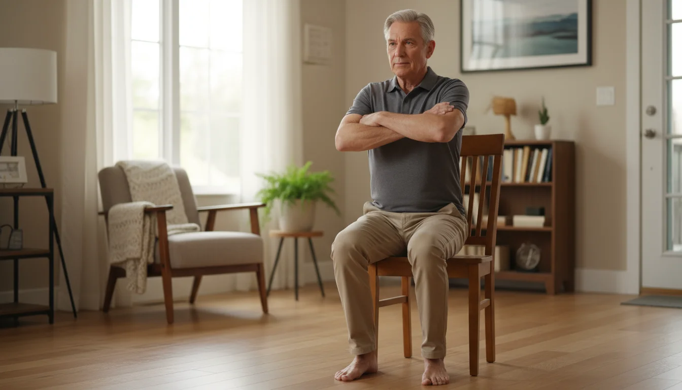 A senior man slowly rises from an armless chair, arms crossed, focused on a sit-to-stand balance exercise at home.