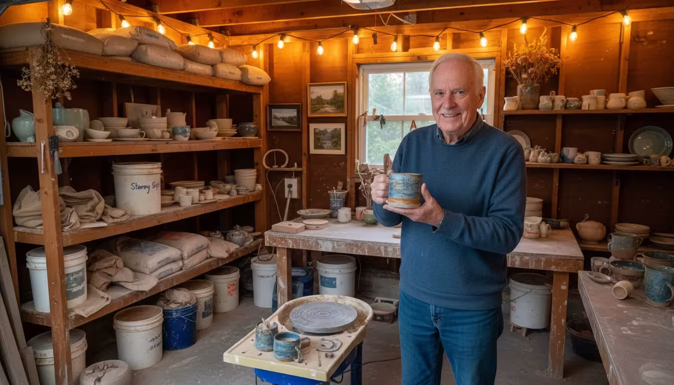 A senior man smiles proudly, holding a handmade ceramic mug in his converted garage pottery studio. Shelves packed with clay, glazes, and his unique p