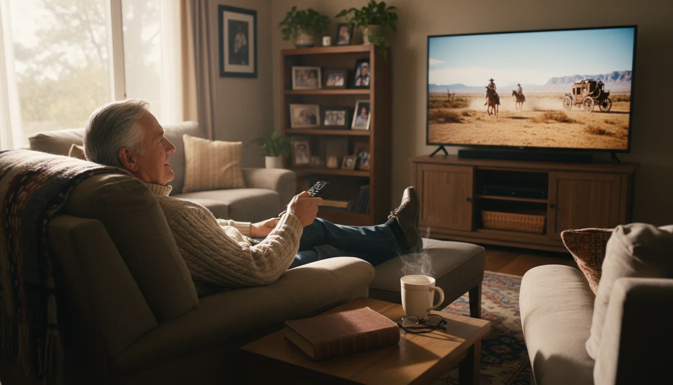 A senior man on a sofa, holding a remote and watching a classic movie on a TV, looking relaxed and content.