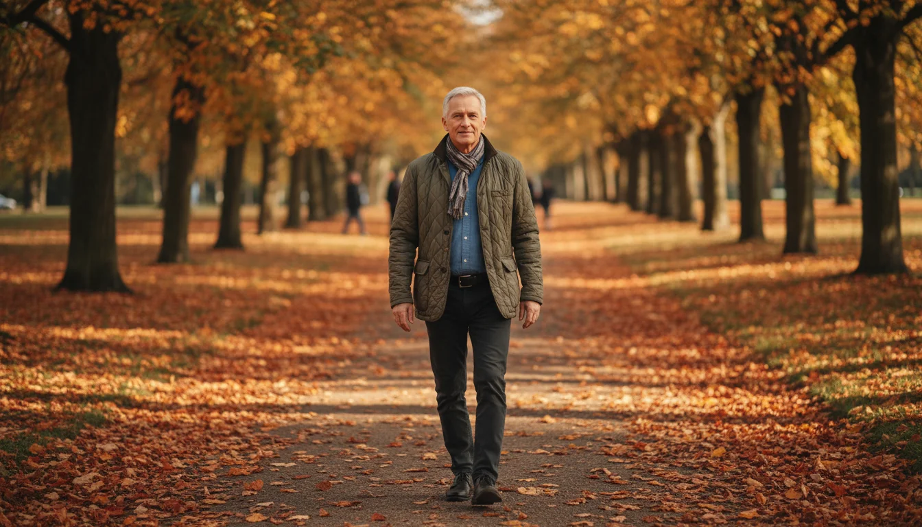 A senior man walks briskly on a sun-dappled, leaf-strewn path in a serene autumn park.