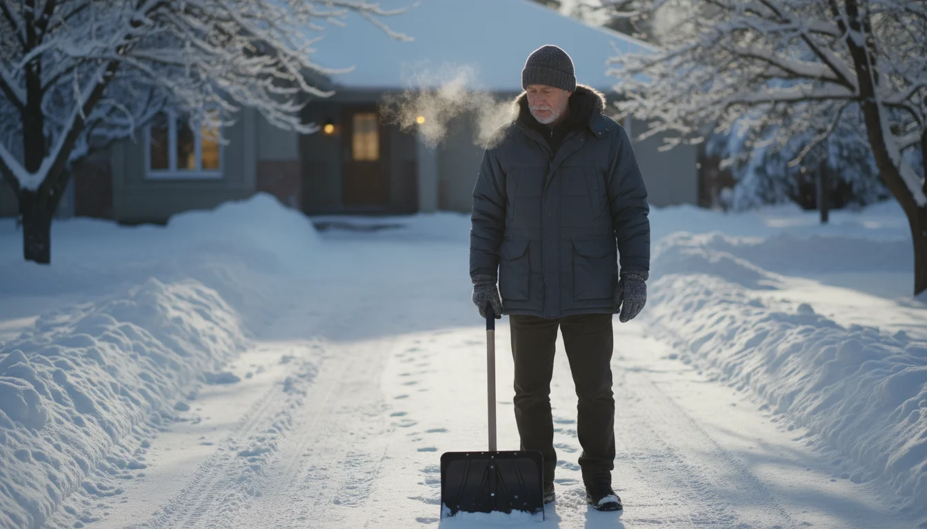 Senior man in warm winter clothes holding a snow shovel, thoughtfully looking at a snow-covered driveway.