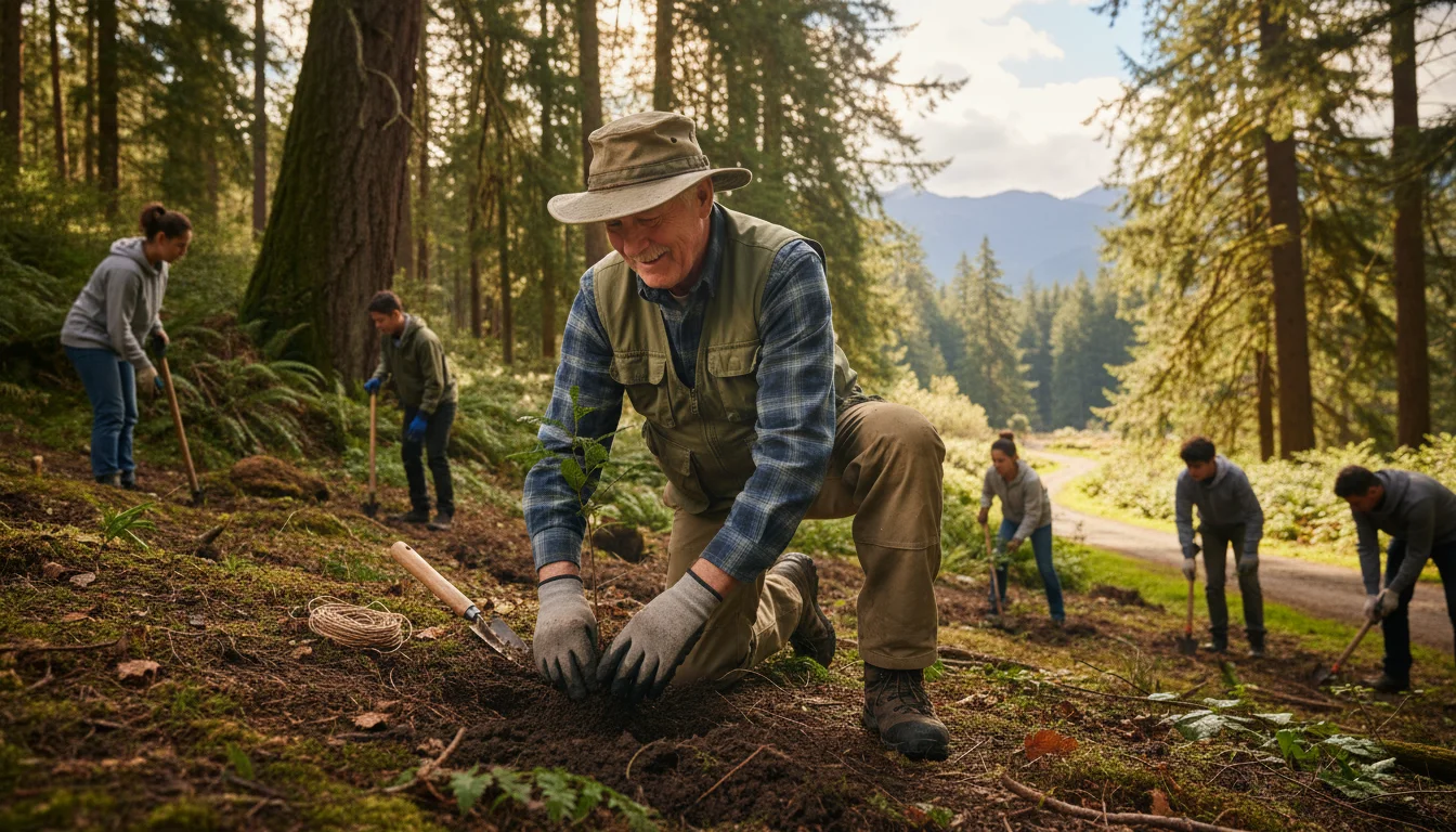 A senior man wearing a hat and vest plants a native tree in a sunny, forested national park with other volunteers.