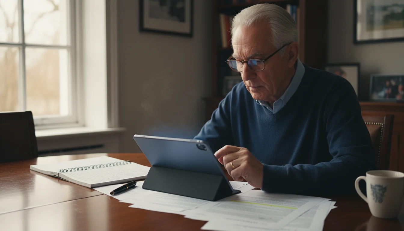 A senior man, wearing reading glasses, intently researches on a tablet at a table, with an open notebook and pen beside him.
