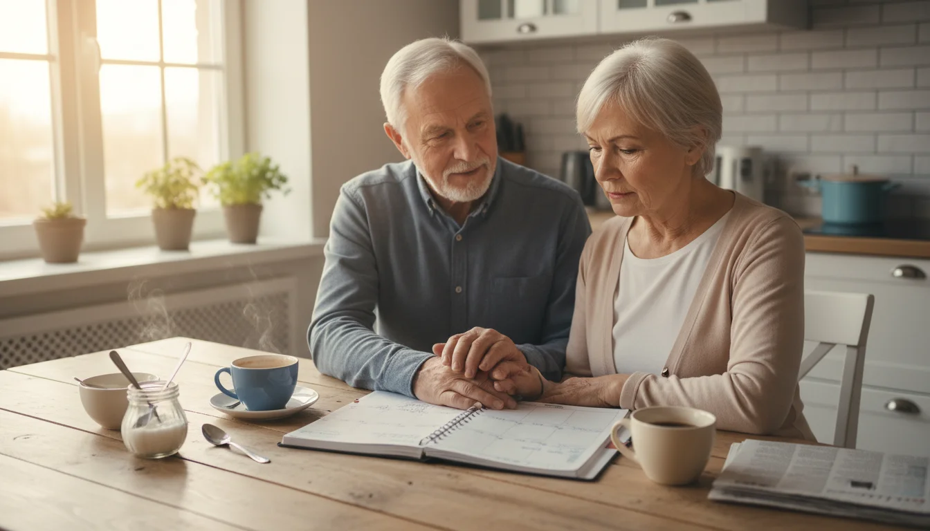 Senior married couple holding hands over an open planner on a kitchen table, sharing a thoughtful moment in morning light.
