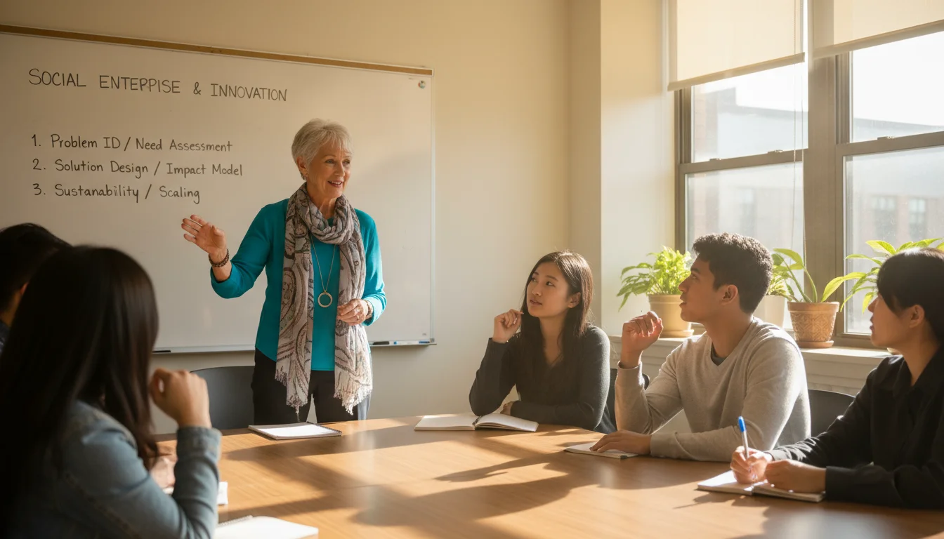 Senior woman adjunct professor actively teaching and engaging with diverse young adult students in a bright university classroom.