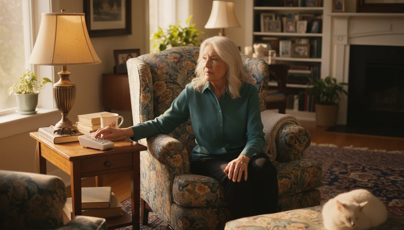 A senior woman in an armchair, looking thoughtfully after placing a phone down.