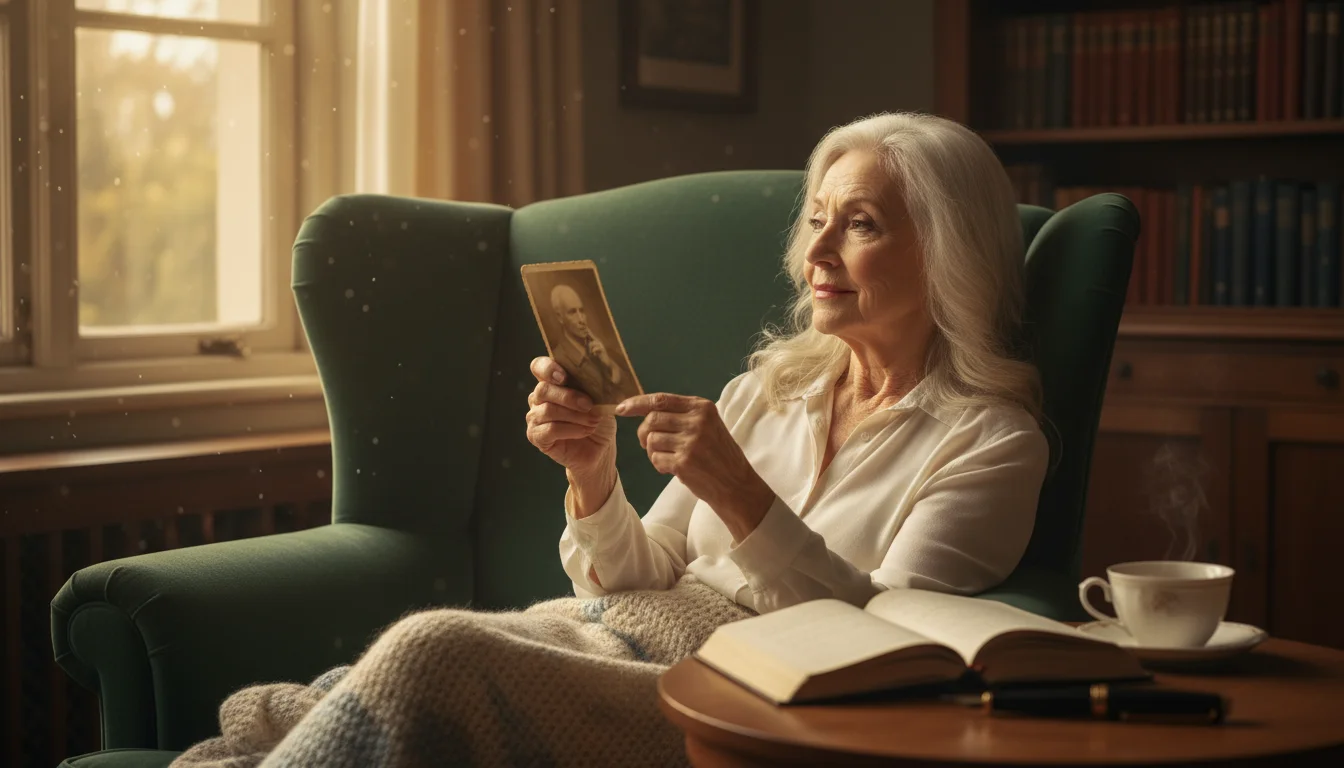 Senior woman in an armchair by a window, holding an old photograph of a man, with a journal nearby.
