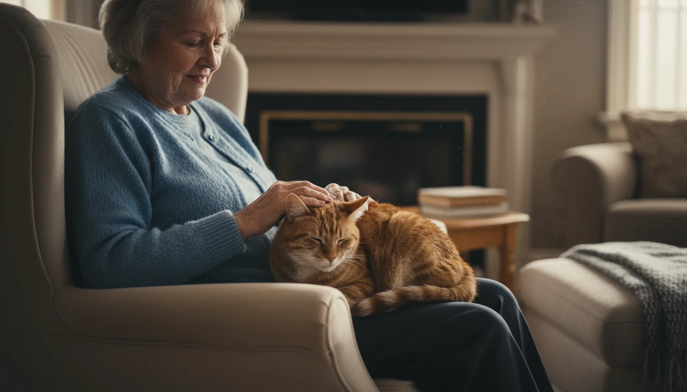 Senior woman in a blue cardigan gently strokes an older tabby cat peacefully sleeping on her lap in a cozy armchair.