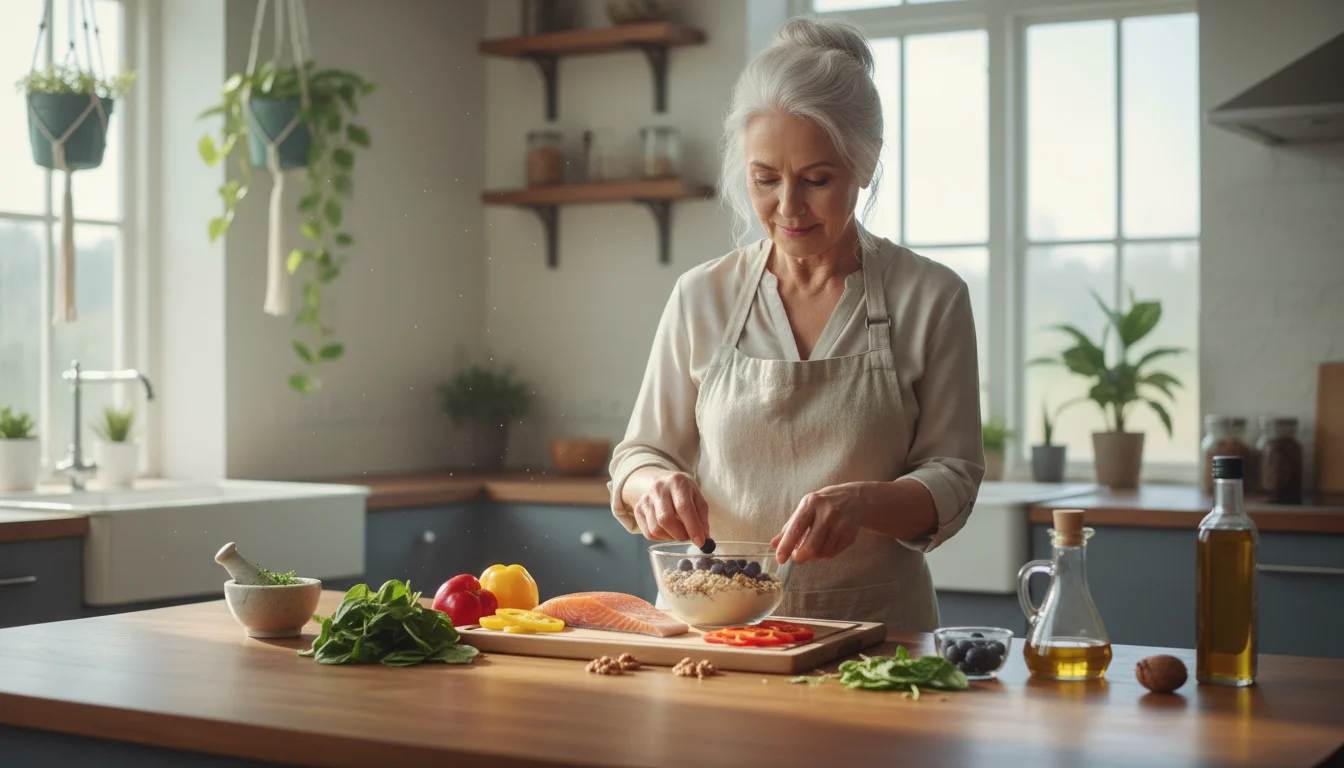 A senior woman in a bright kitchen gently places blueberries into a bowl. A fresh salmon fillet, spinach, bell peppers, and walnuts are on the counter