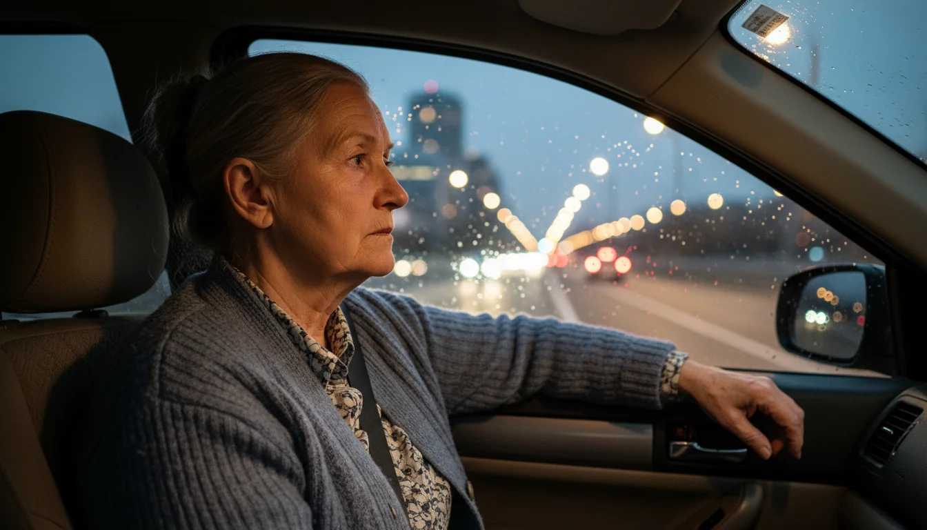 A senior woman in a car at night looks out at city lights and car headlights, which have slight halos around them.