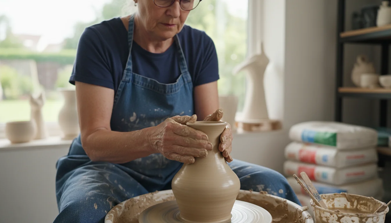 A senior woman's clay-covered hands skillfully shape a spinning lump of clay on a pottery wheel in an art studio.