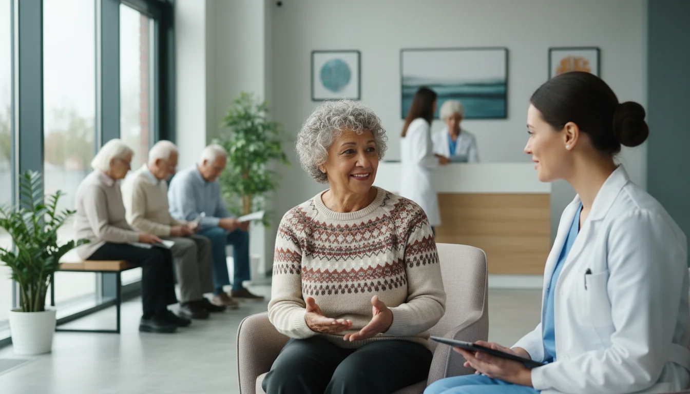 A senior woman in a clinic talks to a nurse, both smiling. Other seniors are visible in the soft-focus background.