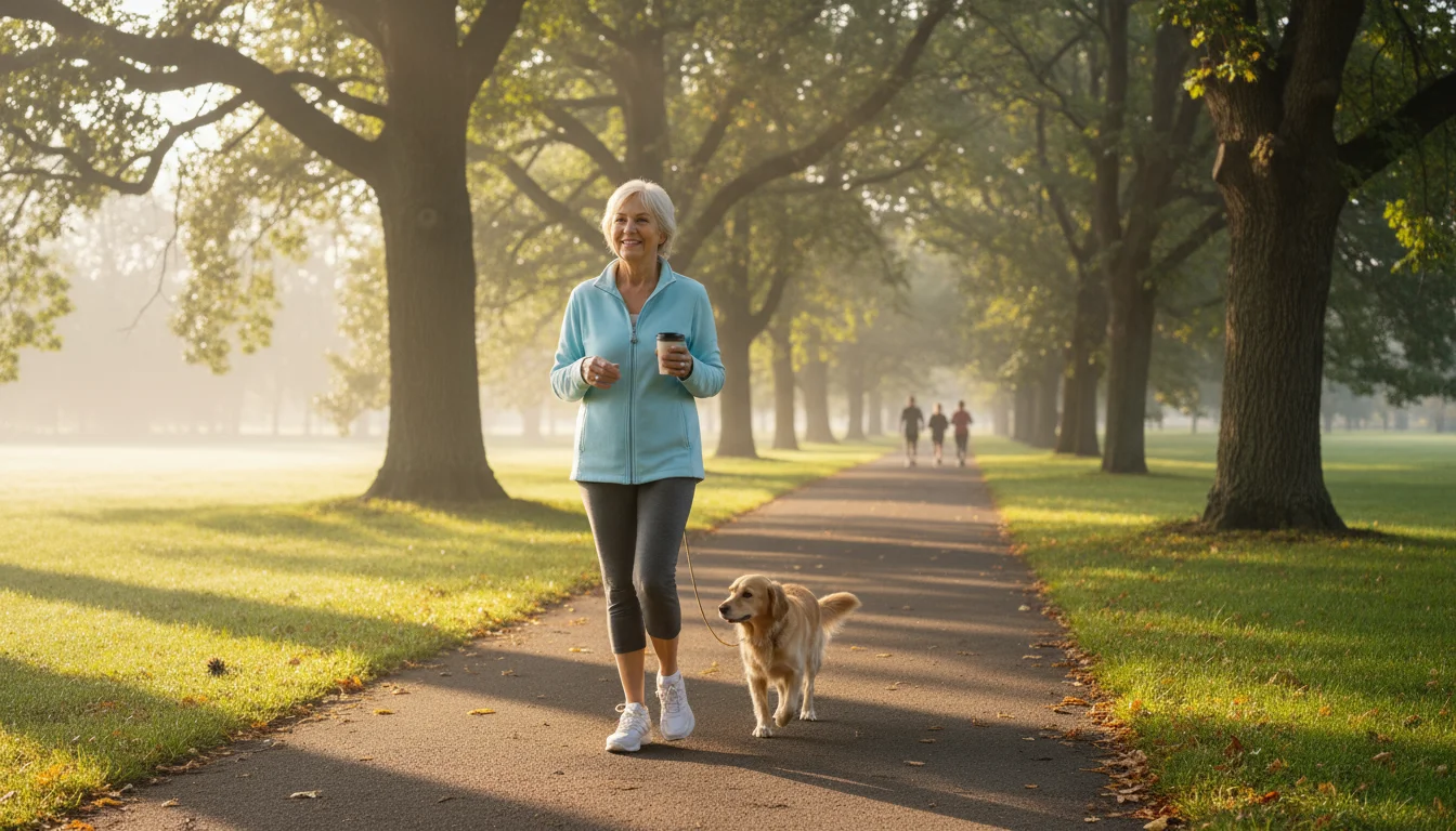 A senior woman in comfortable activewear takes a gentle morning walk on a sunlit park path, dappled by tree shadows.