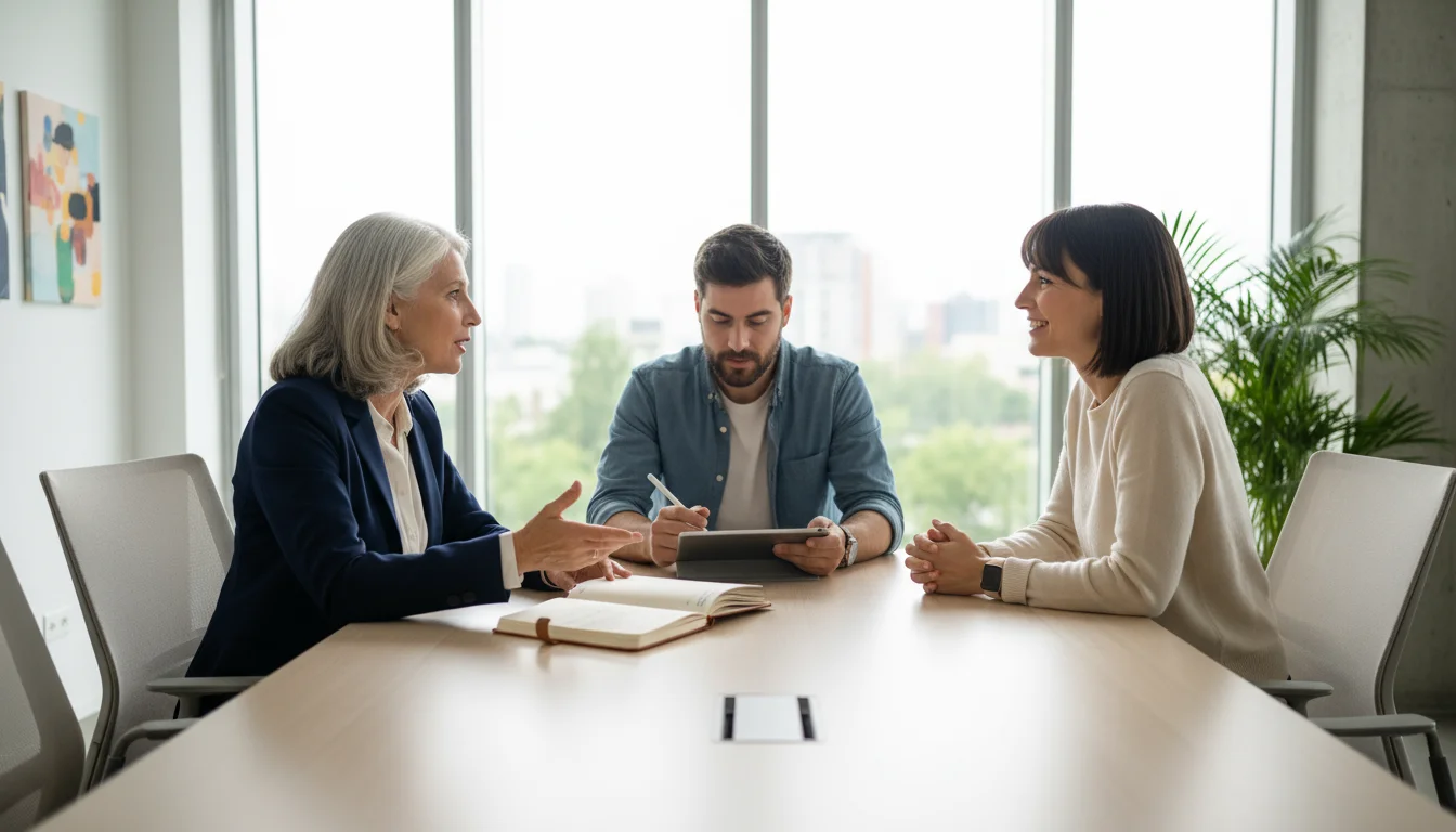 A senior woman consultant discusses with two younger entrepreneurs in a bright, modern co-working space.