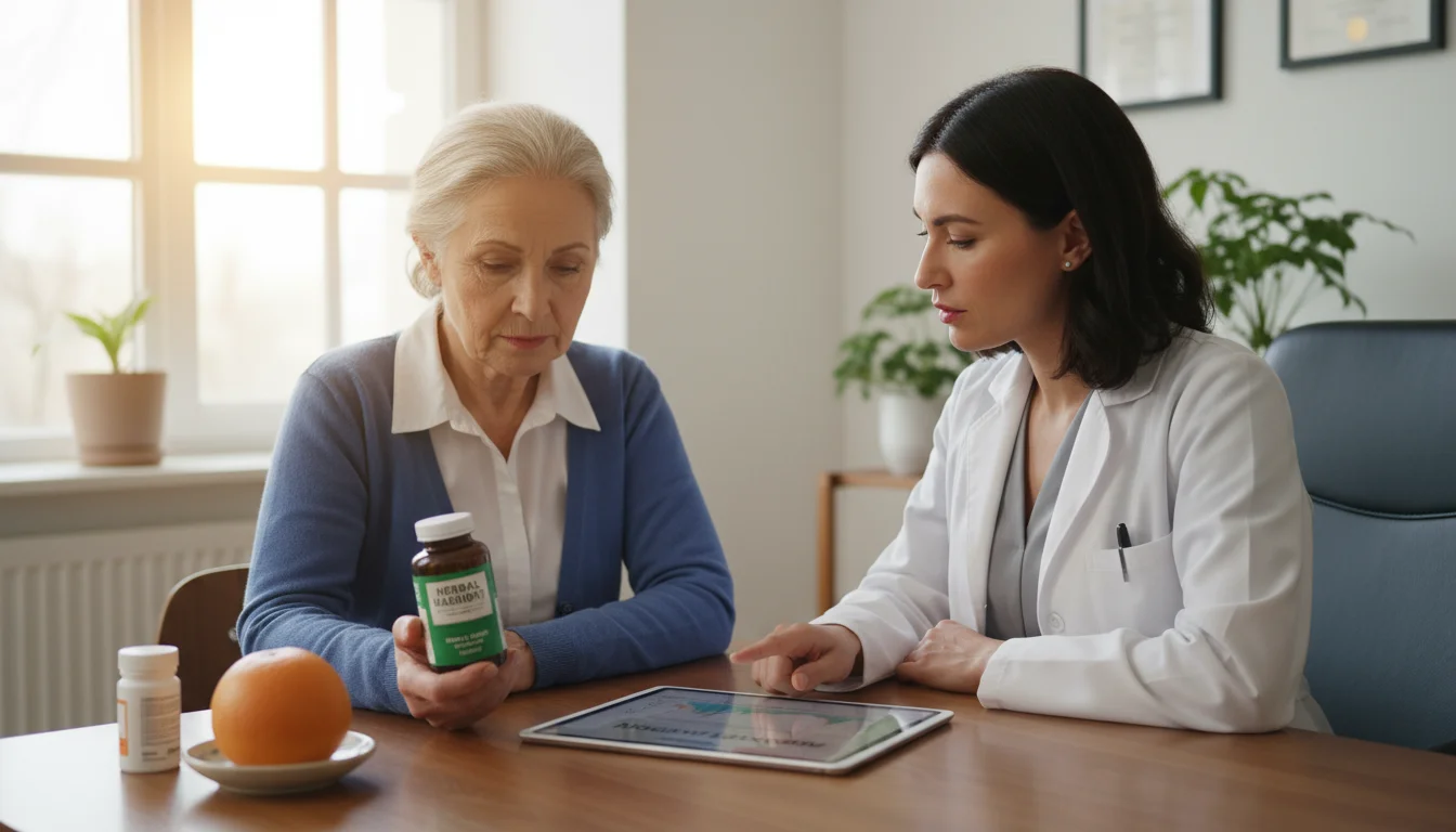 Senior woman consults female doctor about a natural supplement; a grapefruit and pill bottle are on the desk.