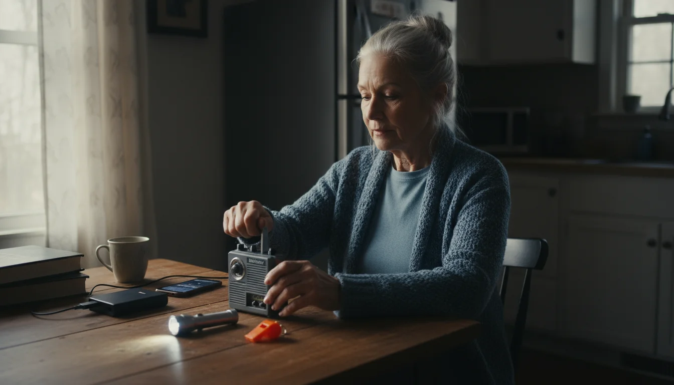 A senior woman cranks a hand-powered radio next to a flashlight, power bank, and charging phone on a table.