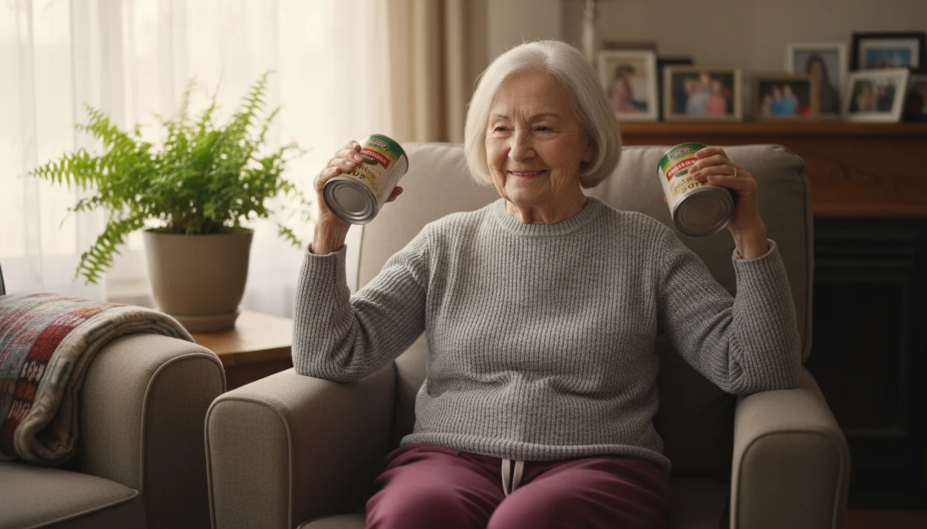 Senior woman (70s) doing seated bicep curls with soup cans in a bright, cozy living room.
