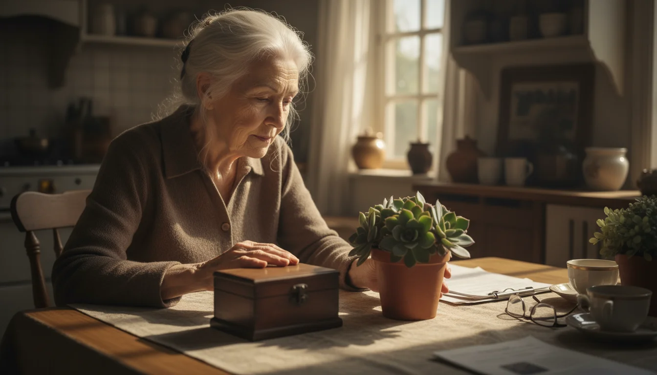 Senior woman, early 70s, at a kitchen table, looking thoughtfully at a small wooden box and a potted succulent, hands gently resting near them.