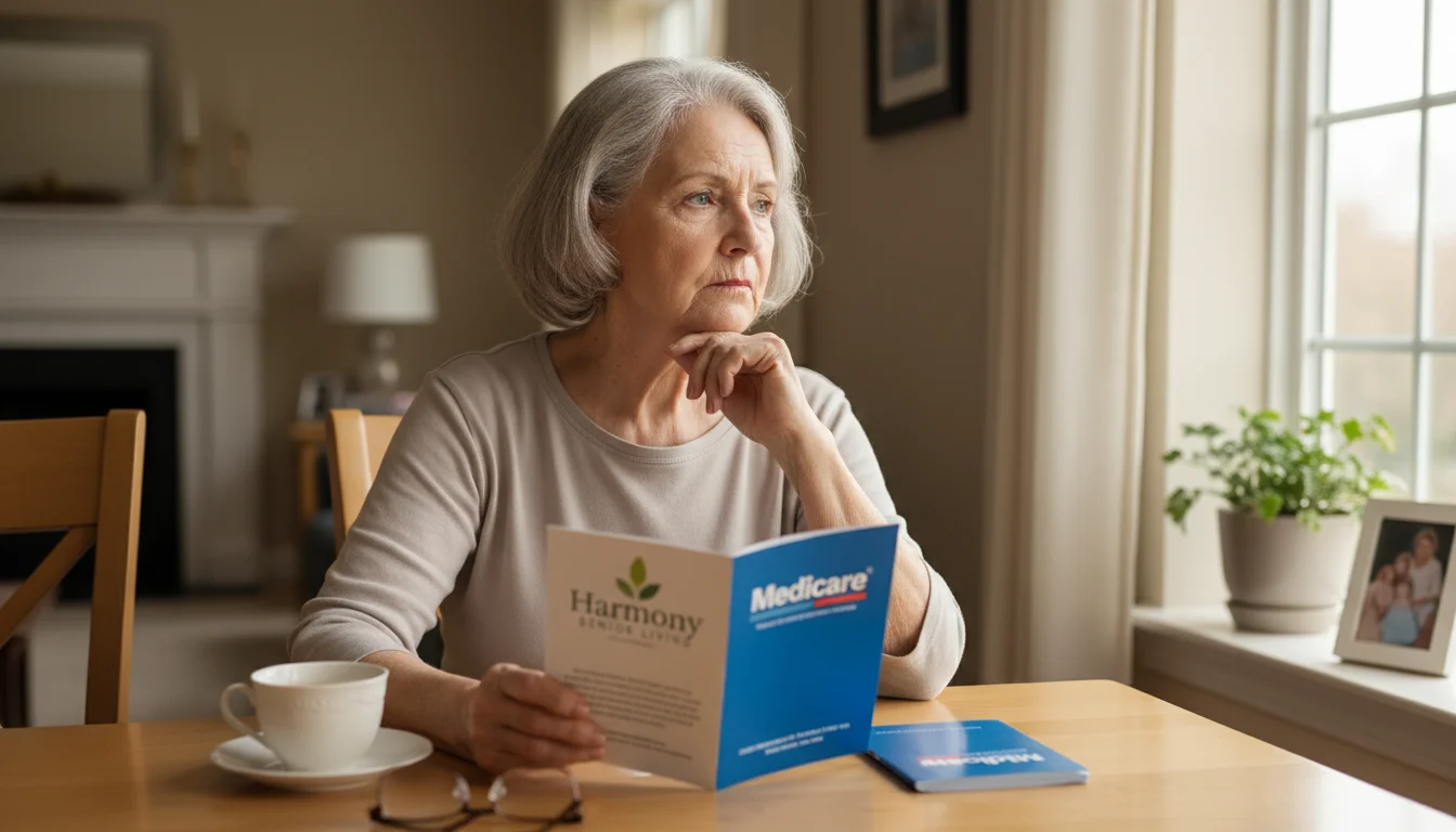 A senior woman, early 70s, looks out a window from her dining table, contemplating documents including an assisted living brochure and a Medicare book