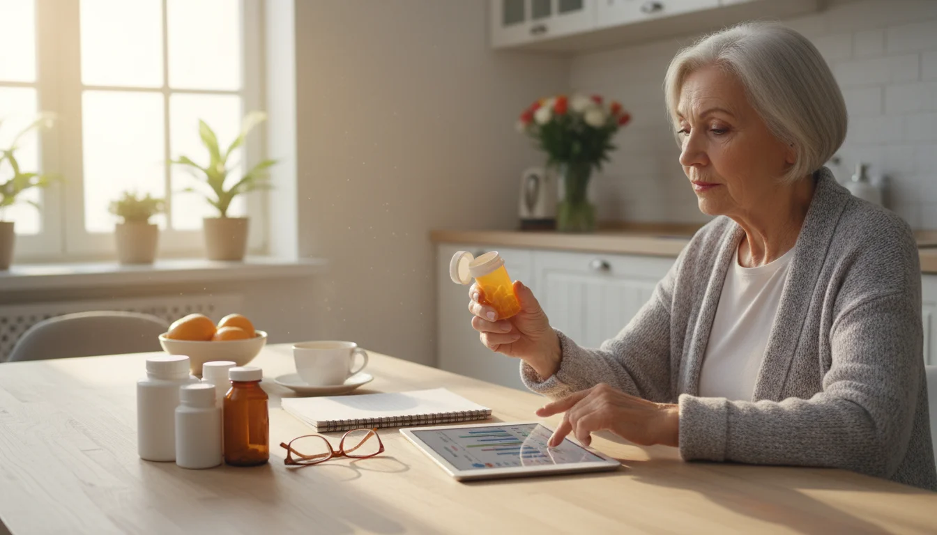 A senior woman, early 70s, sits at a kitchen table, holding a pill bottle and looking at a tablet displaying information. Prescription bottles and rea