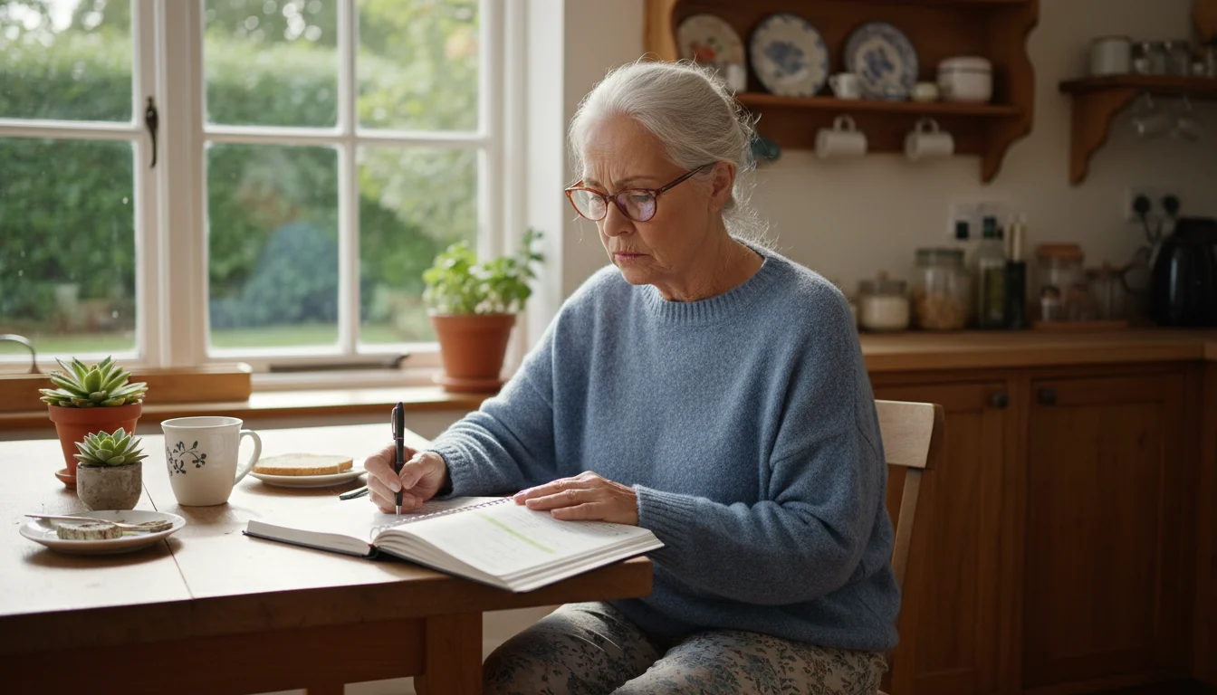A senior woman, early 70s, sits at a kitchen table, intently writing in a planner.