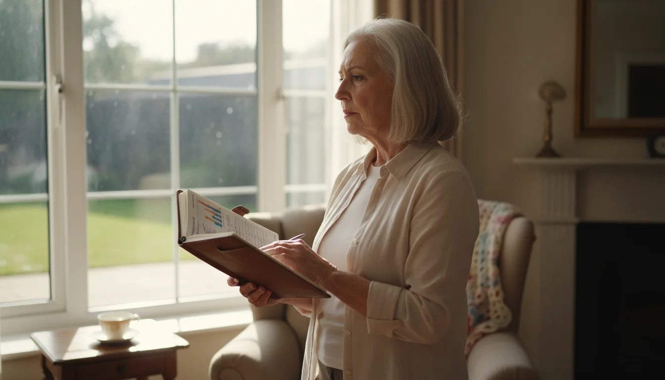 A senior woman, early 70s, stands by a window, holding an open planner and looking thoughtfully into the distance.