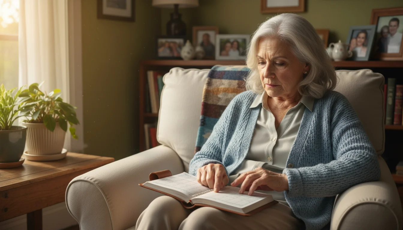 Senior woman, early 70s, thoughtfully reviewing an open financial planner in a sunlit living room.