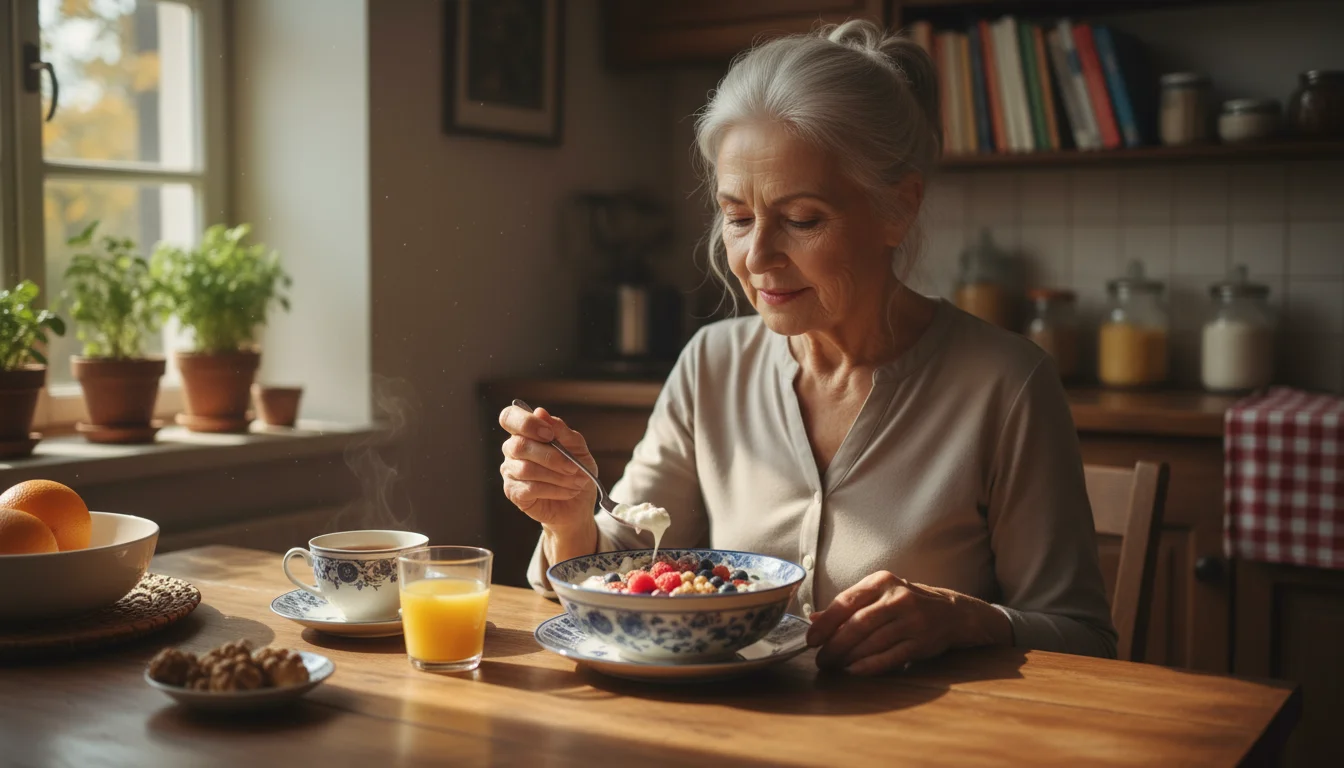 Senior woman eating Greek yogurt with berries and walnuts at a sunlit kitchen table. Healthy protein-rich breakfast.