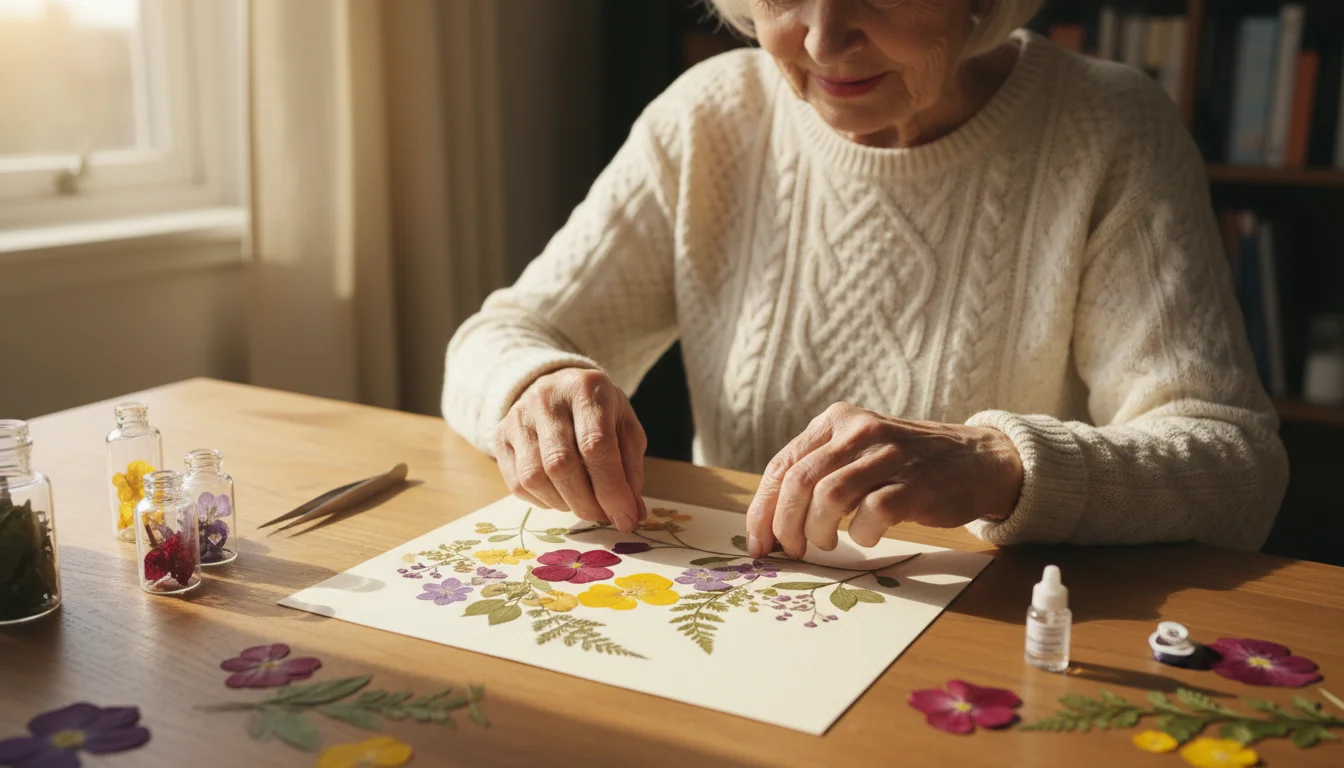 A senior woman with a focused expression carefully arranges colorful pressed flowers on cardstock at a sunlit wooden table.