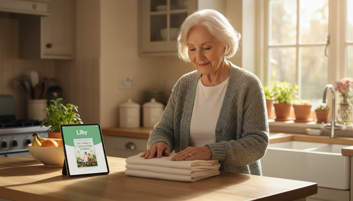 A senior woman folds colorful laundry at a kitchen island, wearing earbuds and smiling. A tablet with the Libby app is nearby.