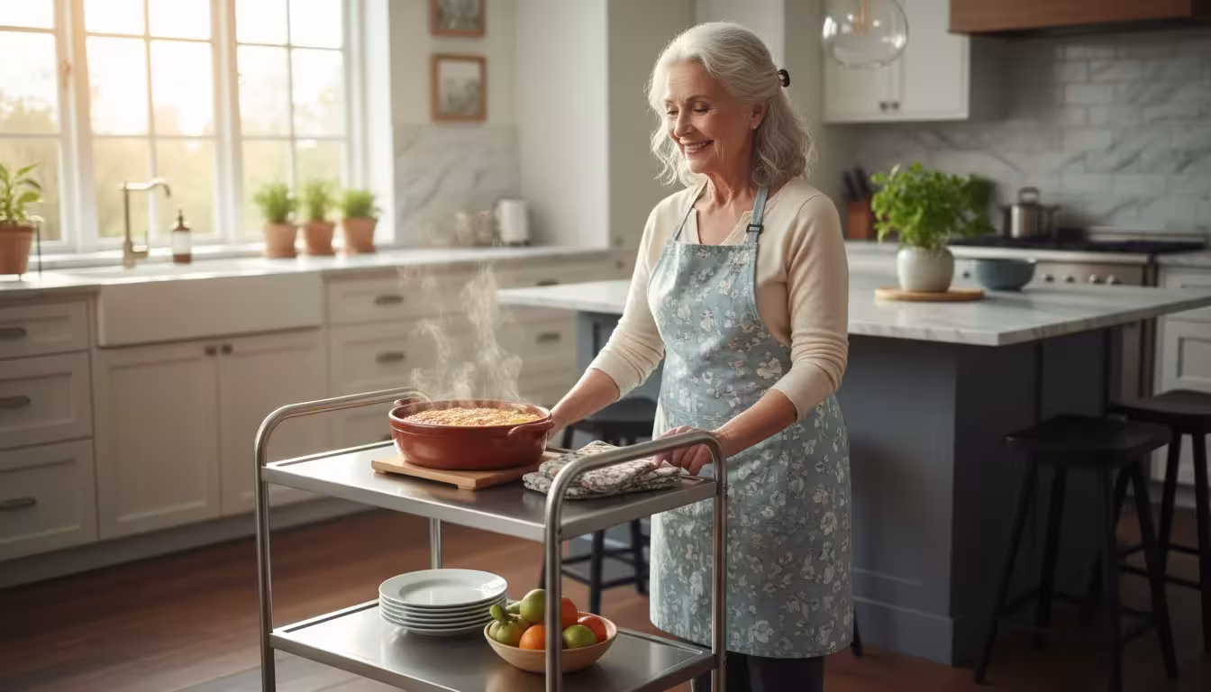 A senior woman with a gentle smile pushing a wheeled kitchen trolley loaded with a steaming casserole dish through her bright kitchen.