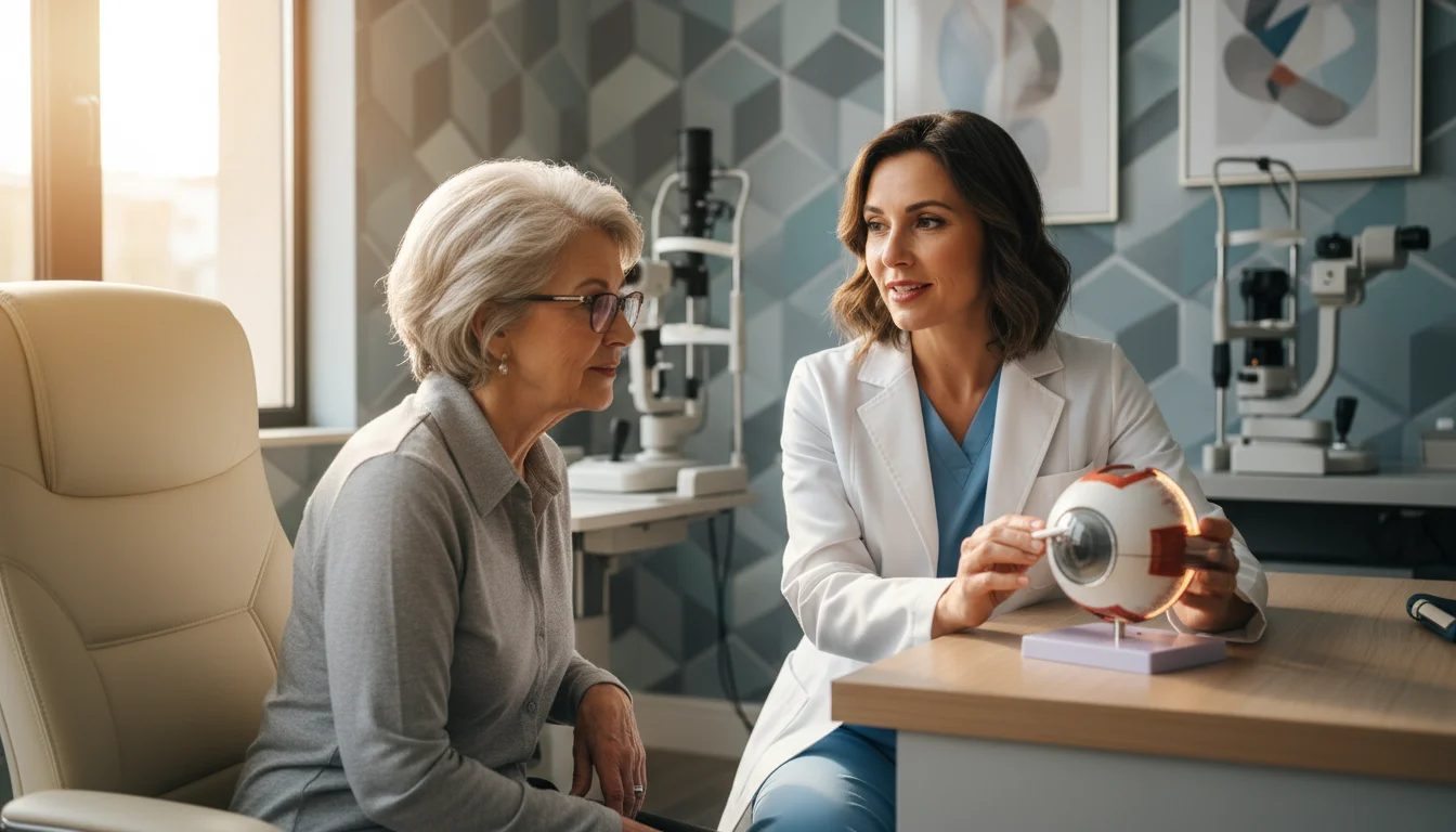 A senior woman in glasses talks attentively with her female eye doctor in a bright consultation room.