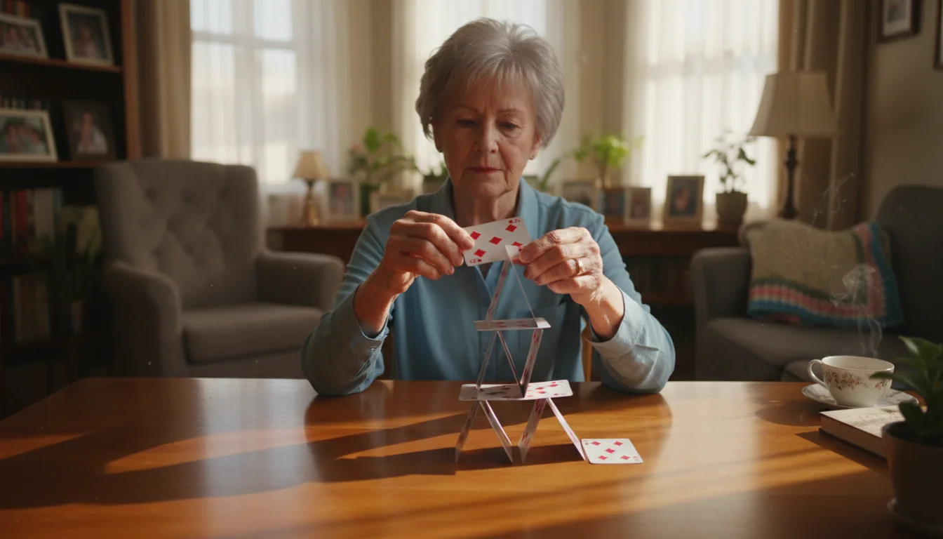 A senior woman with gray hair gently places a card on a precarious house of cards, its lower tiers visibly unstable on a wooden table.