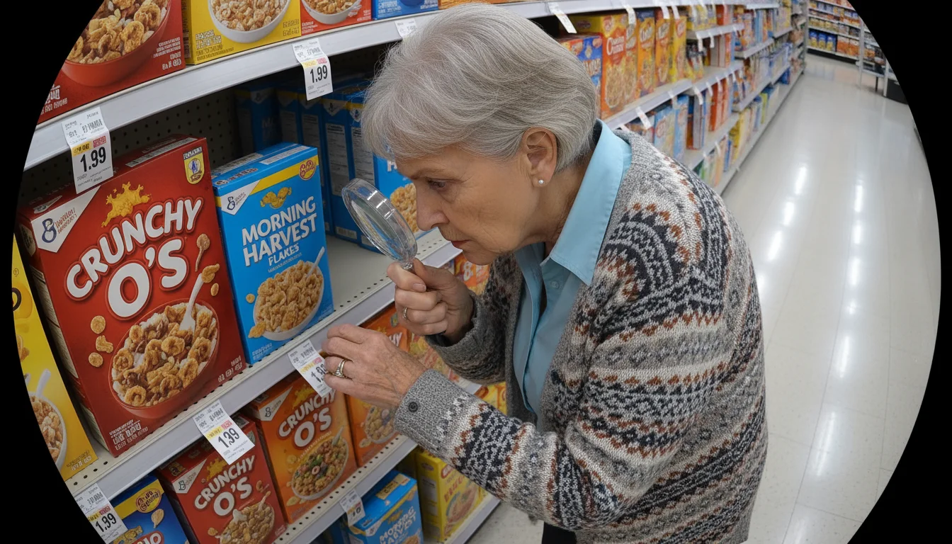 Senior woman in a grocery aisle closely comparing the small print on price tags beneath two different-sized cereal boxes.