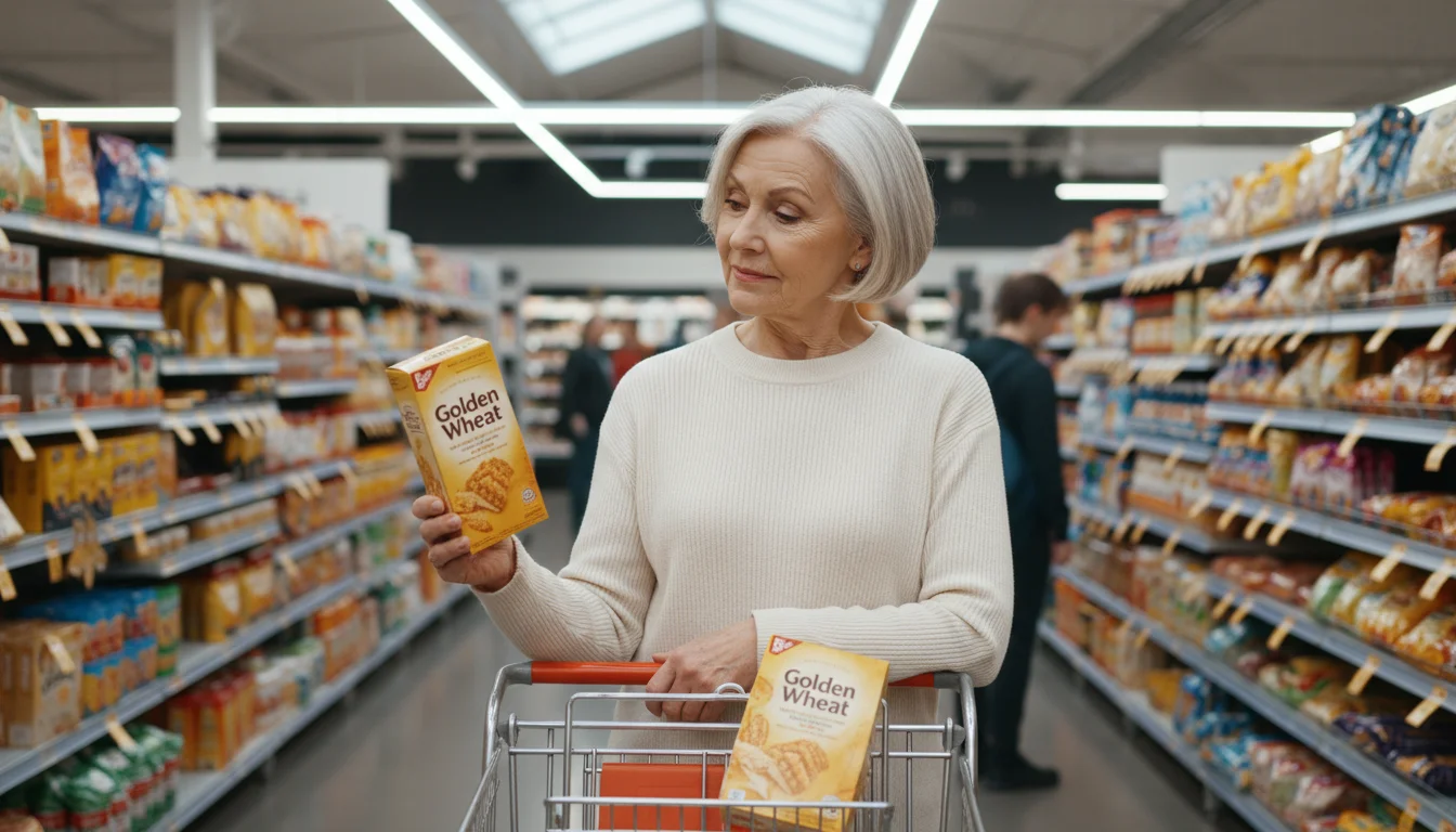 Senior woman in a grocery aisle comparing a new, slightly smaller box of crackers with an older, nearly empty one in her cart.
