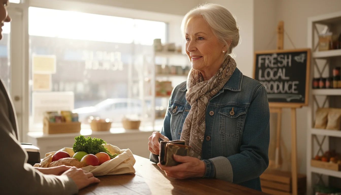 A senior woman at a grocery checkout pulls a credit card from her wallet, smiling at the cashier, showing ease in everyday transactions.