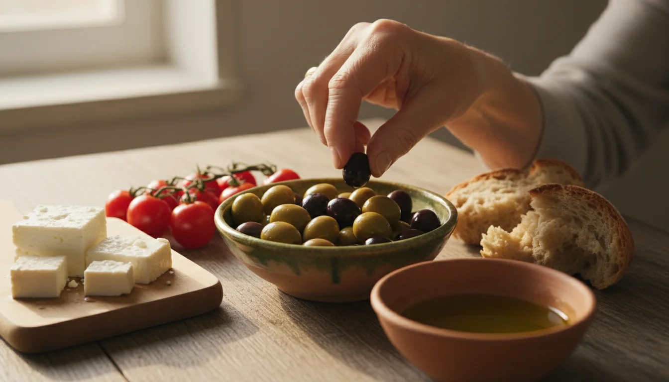 Close-up of a senior woman's hand reaching for an olive from a rustic platter of olives, cherry tomatoes, feta, olive oil, and bread.