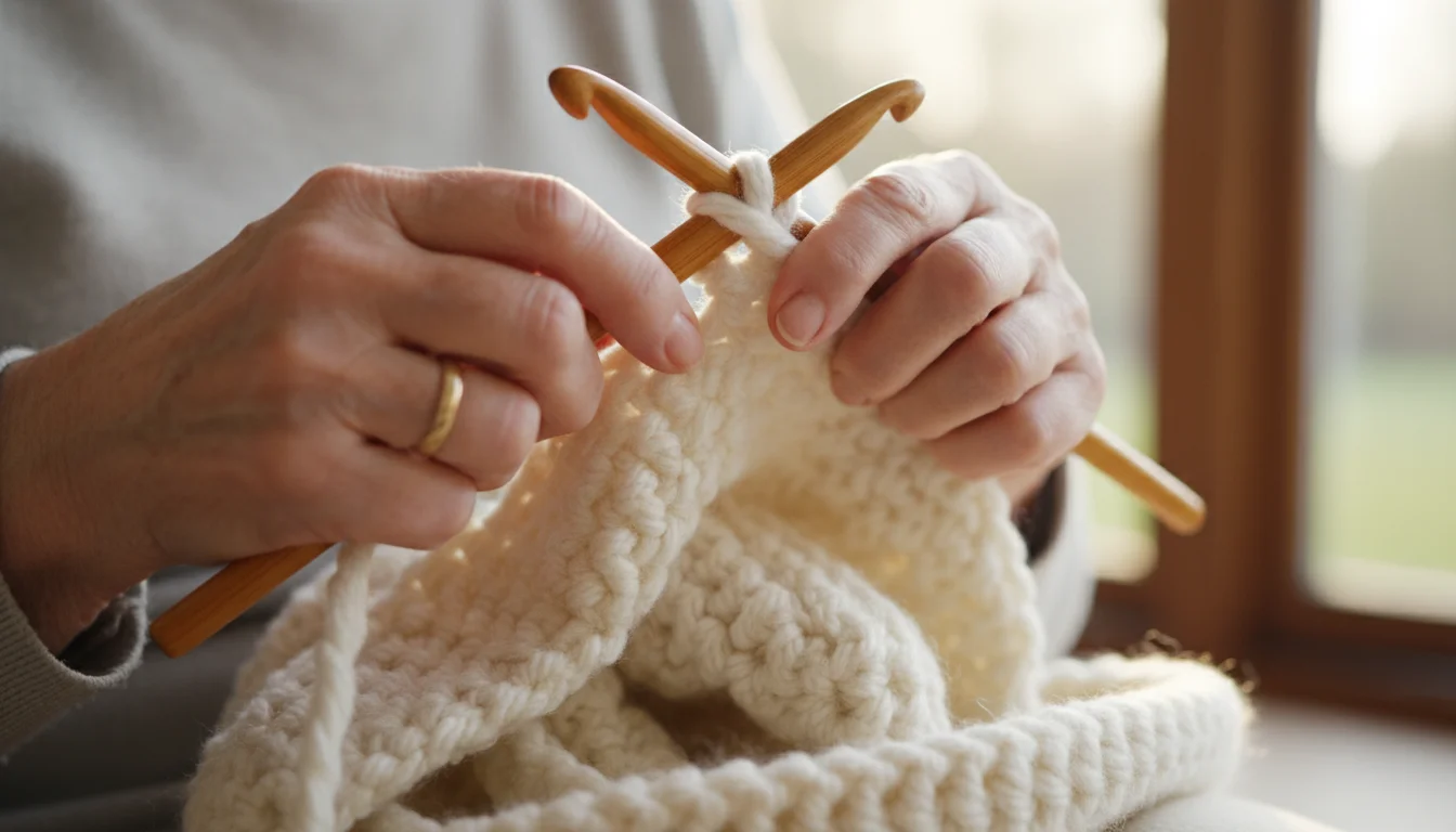 Senior woman's hands with age spots crocheting a chunky, cream-colored scarf using a large wooden hook.
