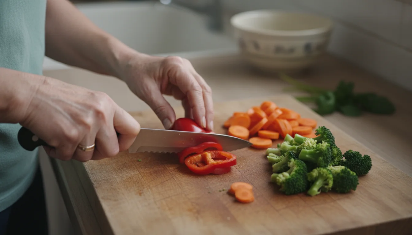 Senior woman's hands chopping fresh broccoli, bell pepper, and carrots on a wooden board. Soft light illuminates the scene.