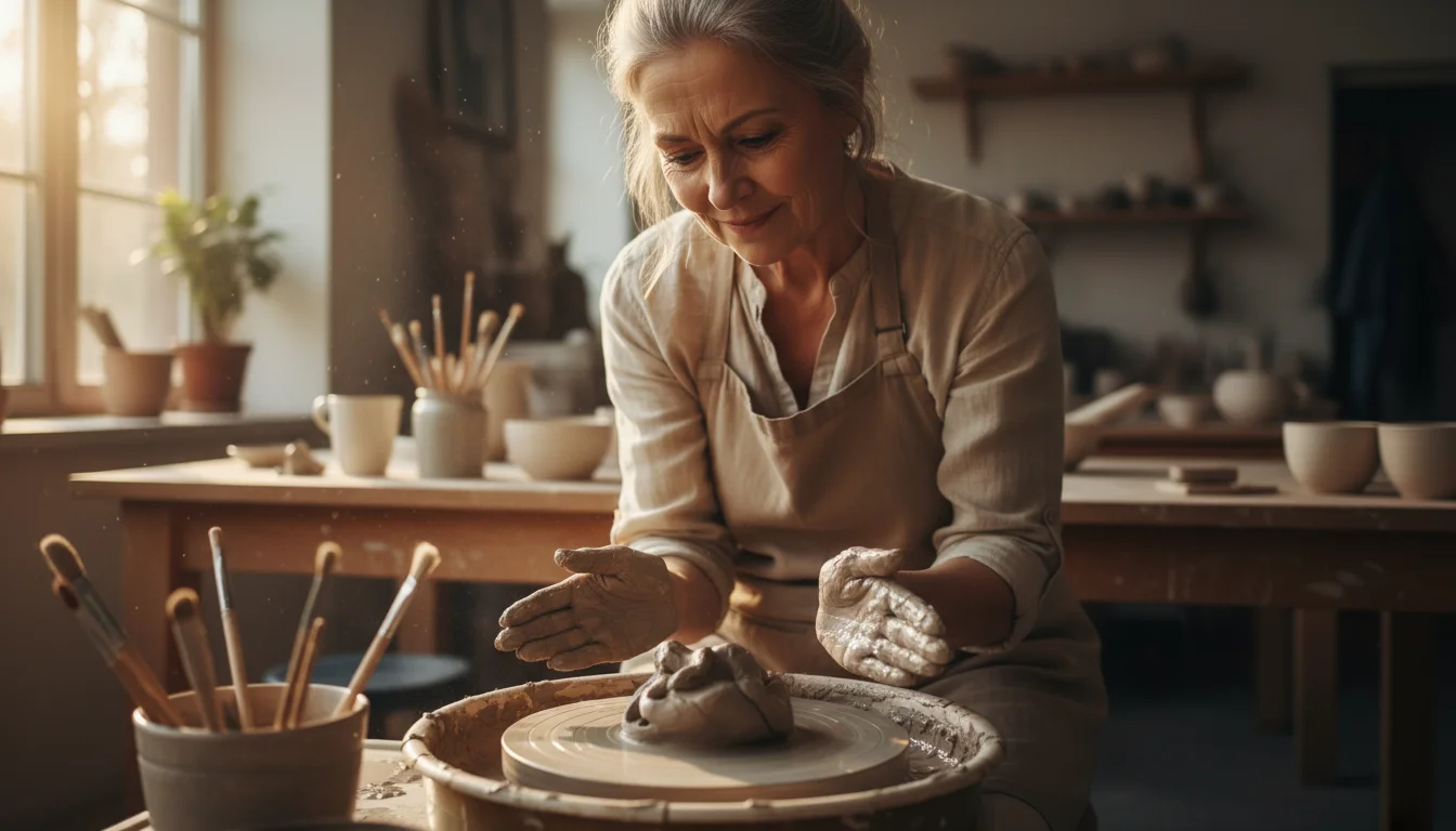 Senior woman, hands covered in clay, looks at her messy, collapsed pottery project on a splattered wheel in a bright studio.