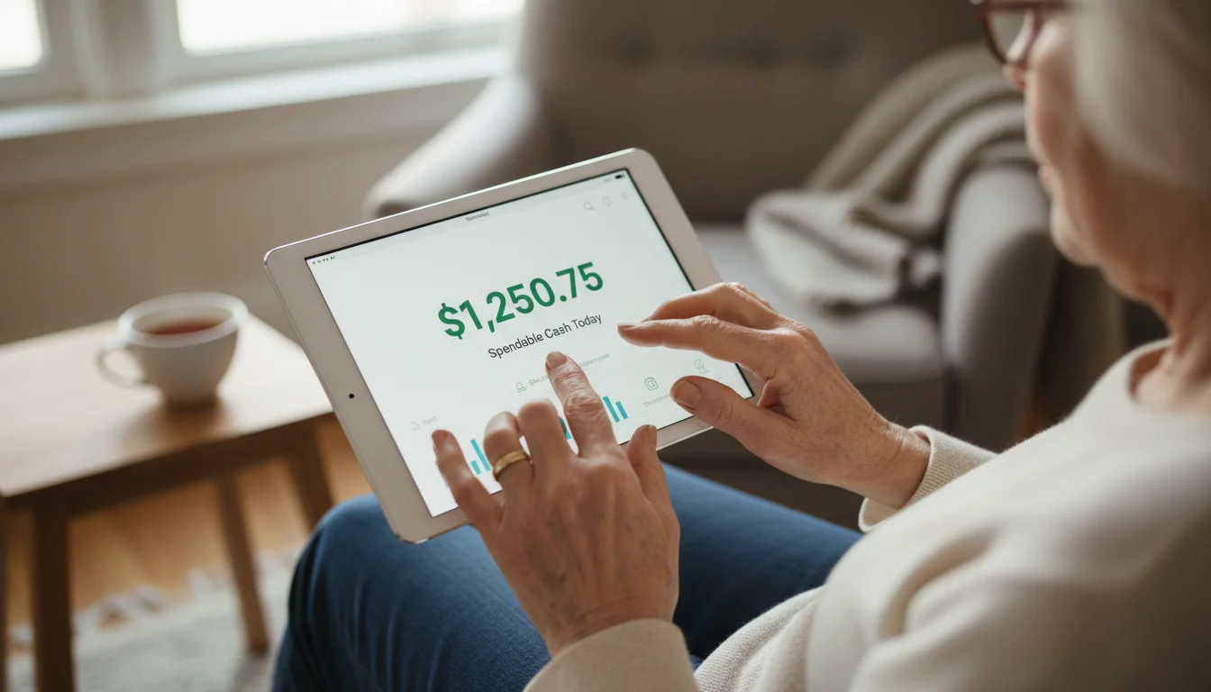 Close-up of a senior woman's hands holding a tablet, displaying a budgeting app with a large number for 'Spendable Cash'.