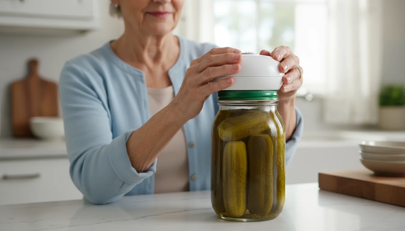 Senior woman's hands gently placing a white electric jar opener onto a pickle jar lid in a bright kitchen.