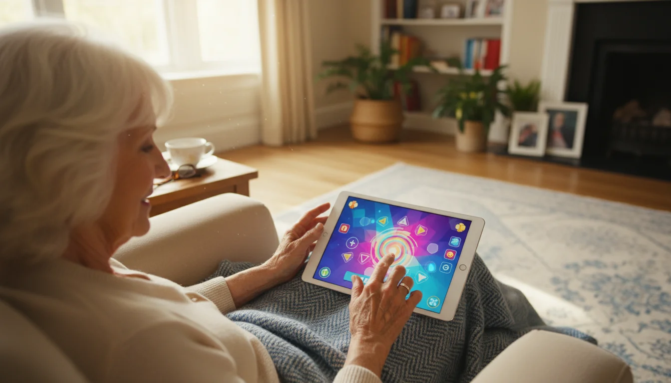 Senior woman's hands tapping a tablet screen displaying a colorful brain game while she sits in a sunlit armchair.