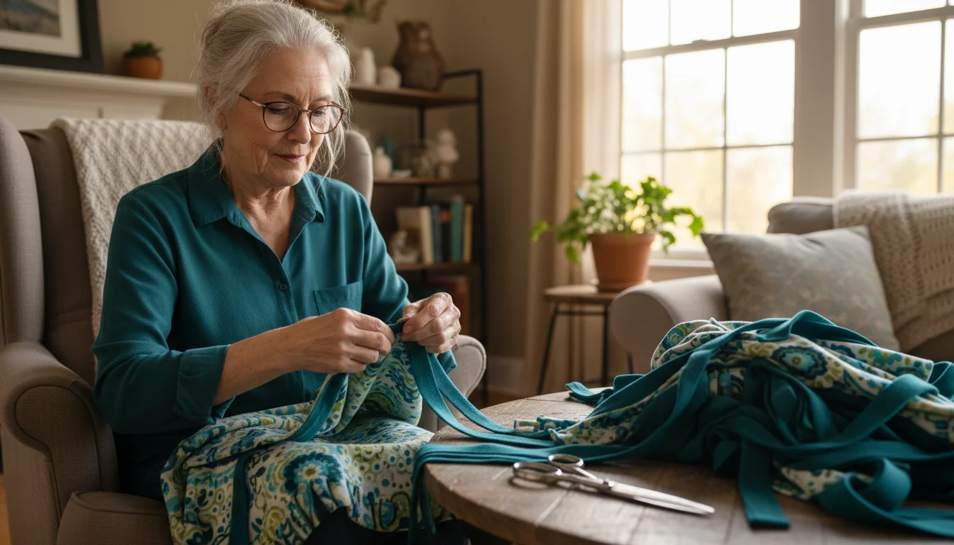 Senior woman's hands tie knots on colorful teal and patterned fleece fabric, creating a no-sew blanket, with scissors nearby.
